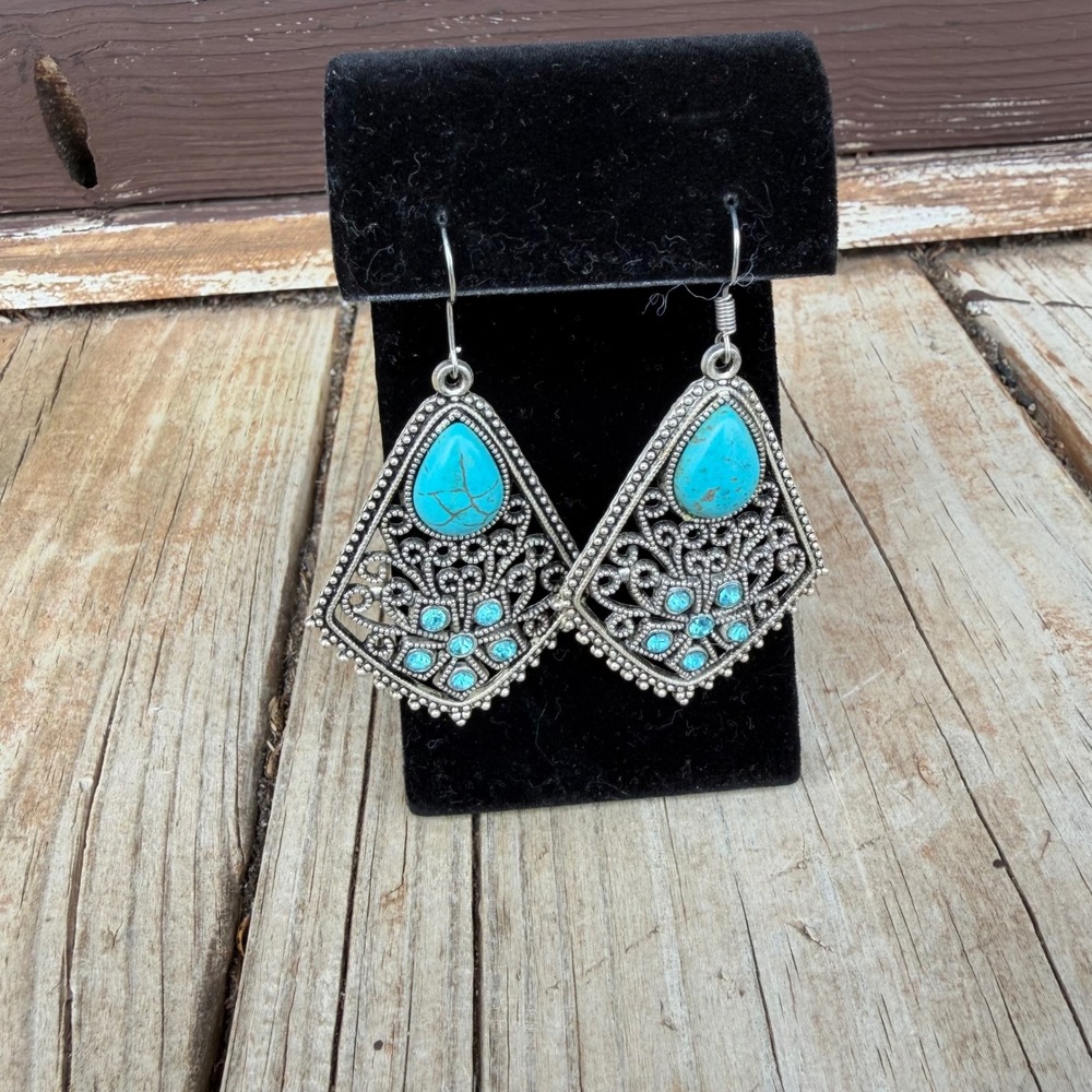 Silver Tone Faux Turquoise & Blue Rhinestone Teardrop Dangle Earrings
